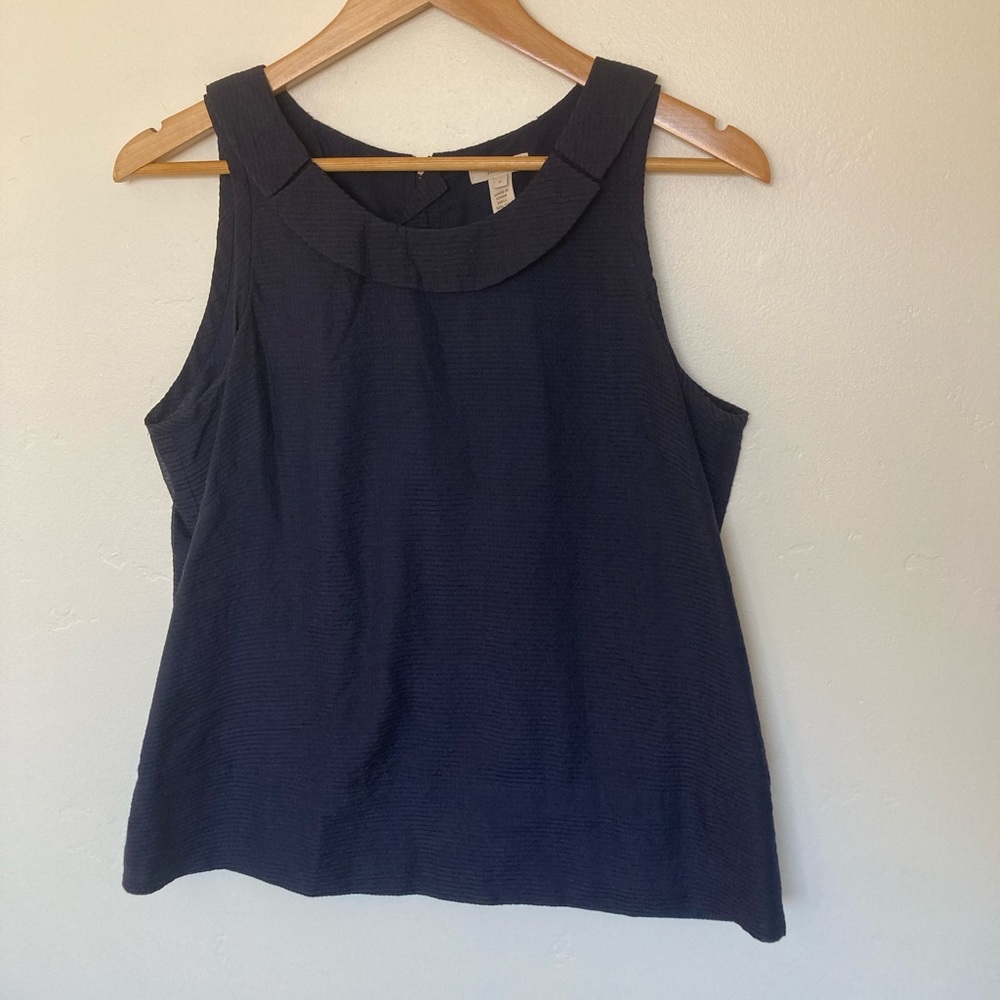 J Crew Sleeveless Navy Blue Ruffle Neck Blouse